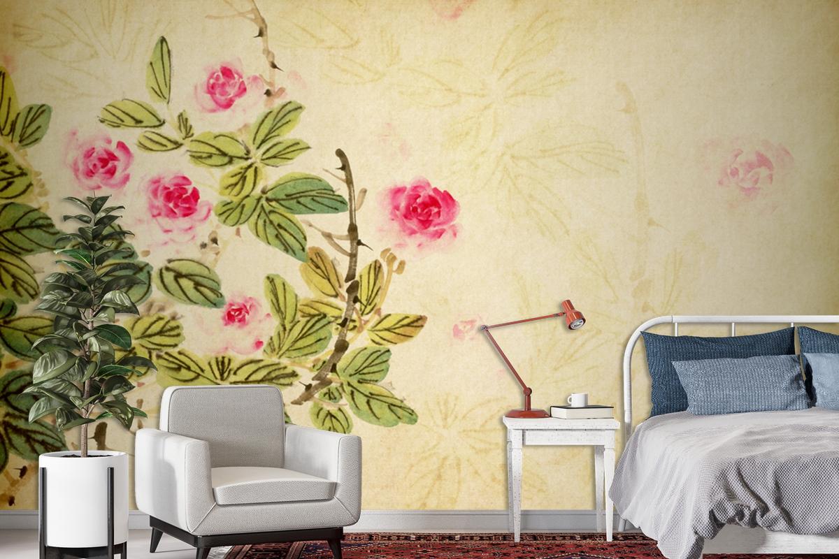 Chinese Traditional Painting Of Rose Flower On Old Paper Wallpaper Mural