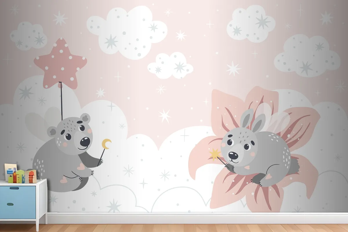 Cute Fairytale Animals On The Clouds Suitable For Printing Wallpaper Mural