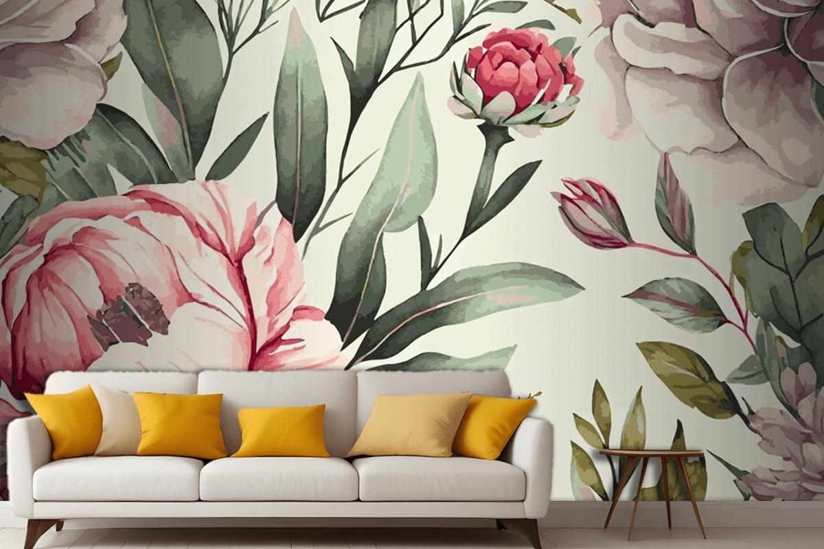 Abstract Floral Art Background Template Botanical Watercolor Hand Drawn Flowers Wallpaper Mural