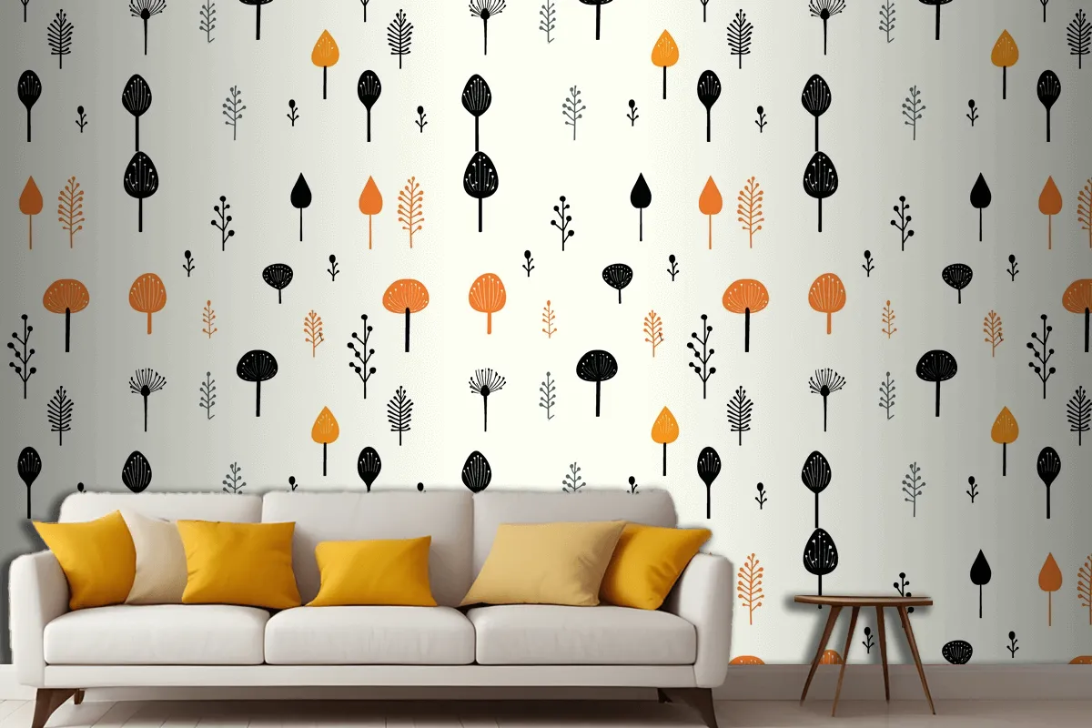 Black Mushroom And Leaf Pattern On A White Living Room Wallpaper Mural