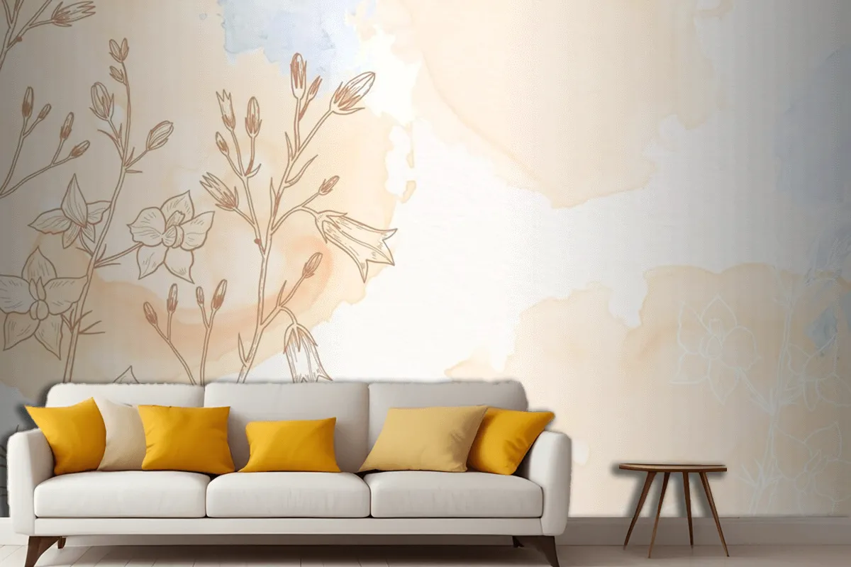 Cream Powder Pastel With Hand Drawn Flowers Living Room Wallpaper Mural