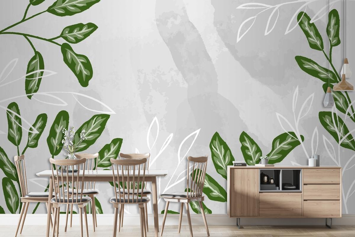 Detailed Leaves With Watercolor Living Room Wallpaper Mural