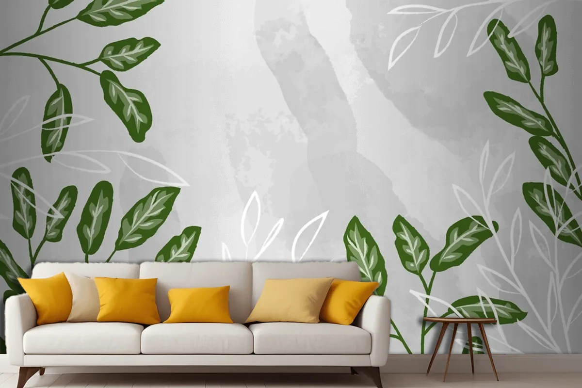 Detailed Leaves With Watercolor Living Room Wallpaper Mural