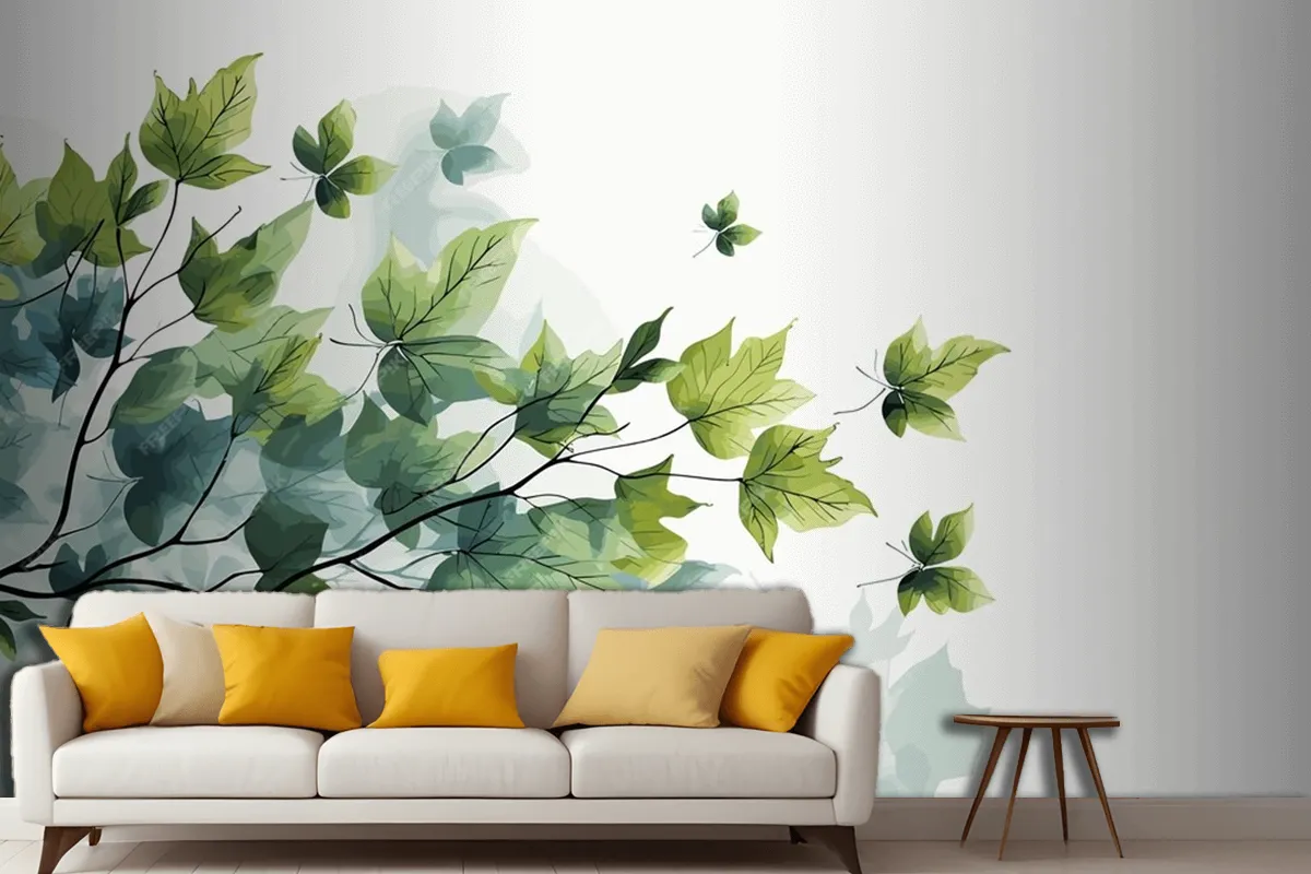 Fresh Baby Spinach Leaves On White Marble Living Room Wallpaper Mural