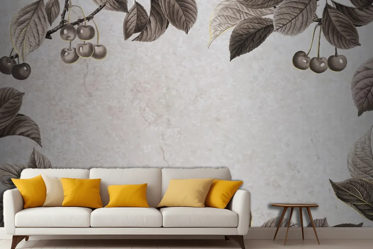 Hand Drawn Cherry Patterned Frame Living Room Wallpaper Mural