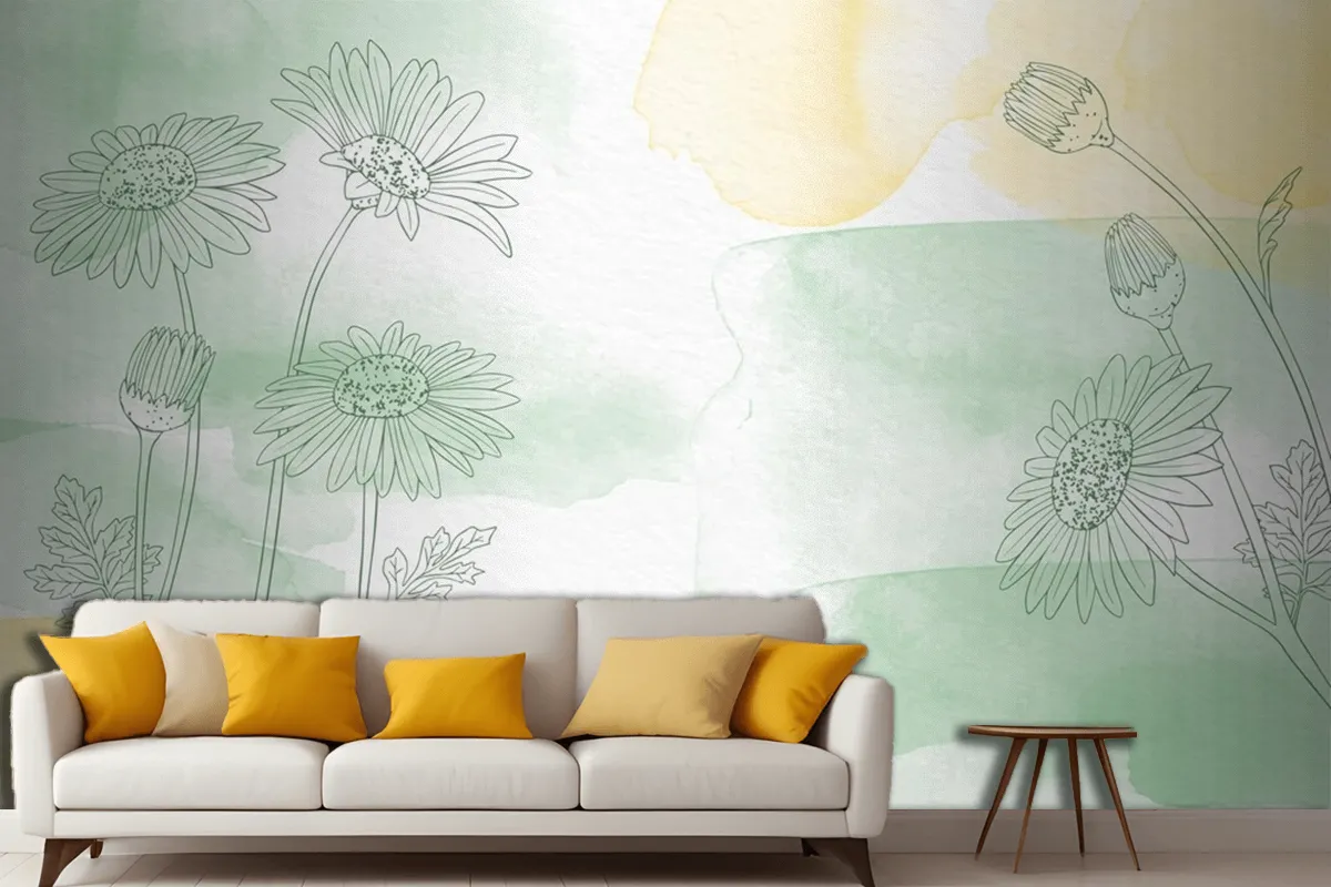 Hand Painted Background With Drawn Flowers Living Room Wallpaper Mural