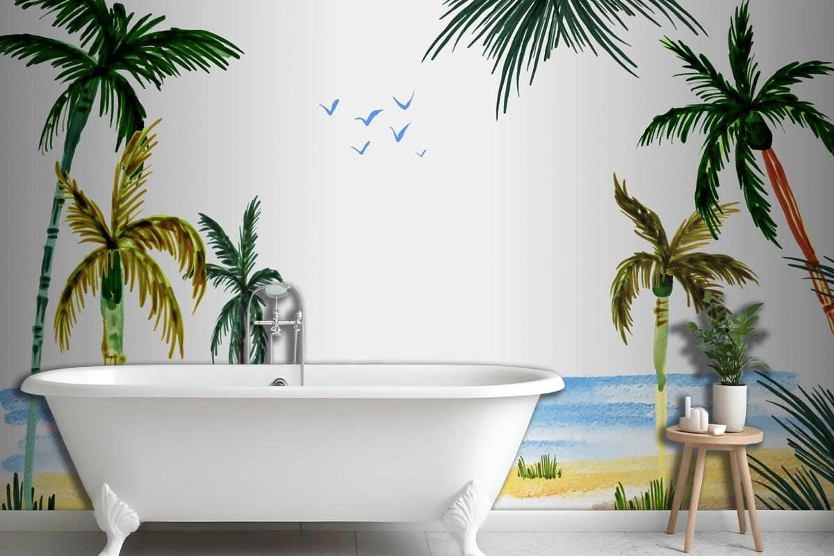 Hand Painted Watercolor Summer Bathroom Wallpaper Mural