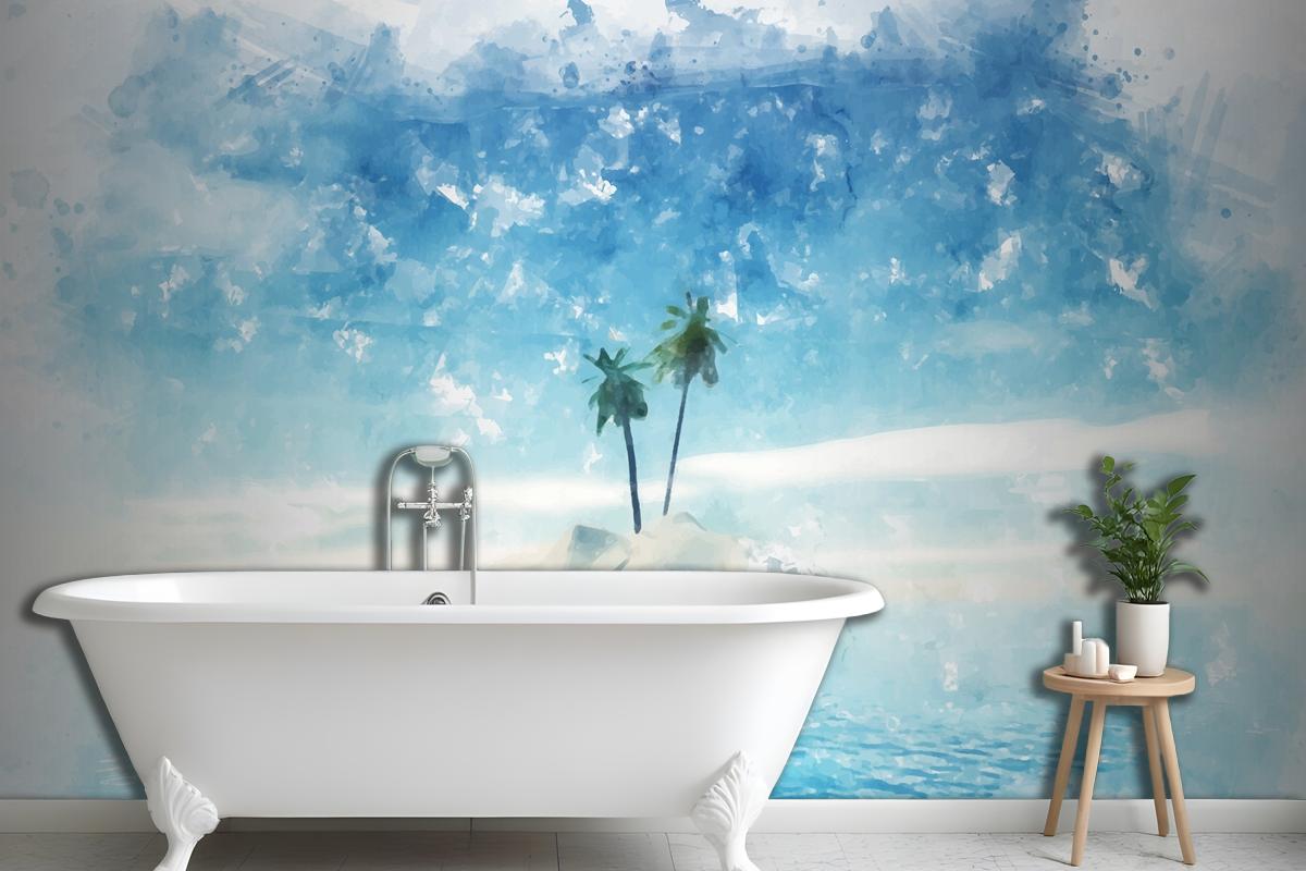 Hand Painted Watercolour Summer Palm Tree Island Wallpaper Mural