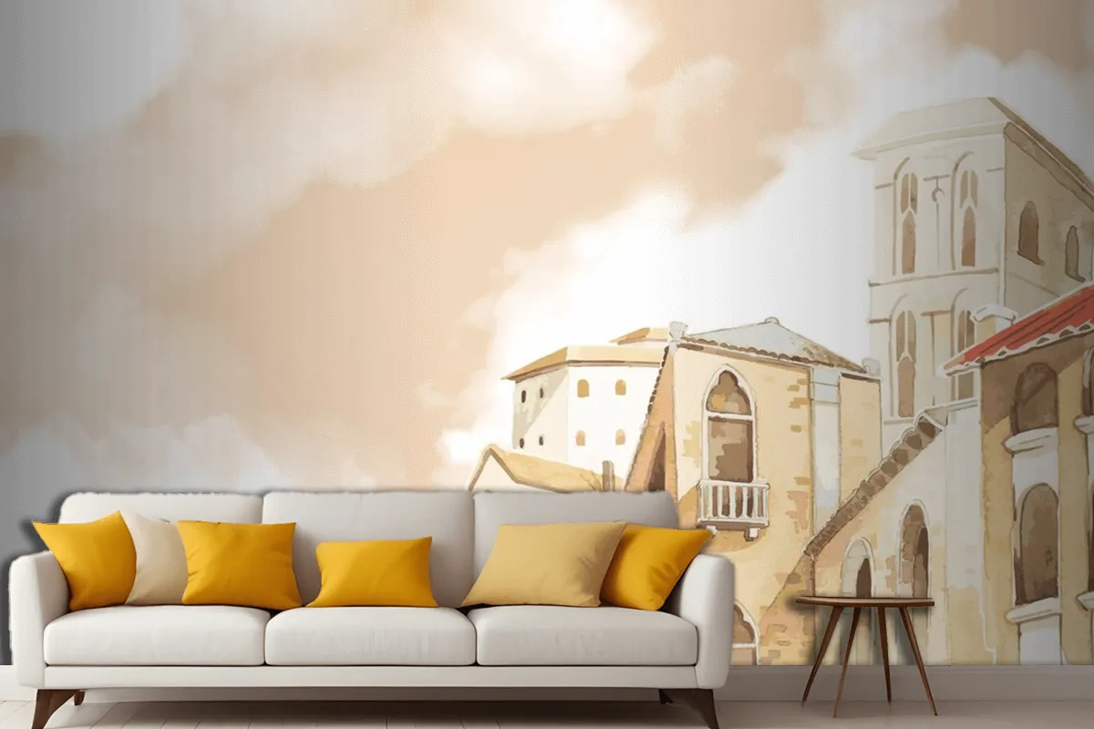 Mediterranean City Building Exterior Water Color Style Living Room Wallpaper Mural