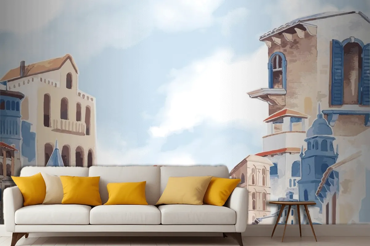 Mediterranean City Building Exterior Water Color Style Wallpaper Mural