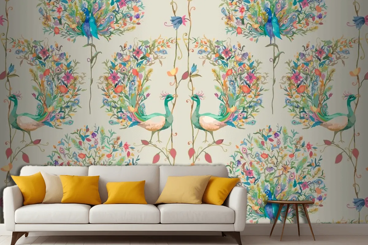 Pattern Background With Watercolor Peacock And Flower Living Room Wallpaper Mural