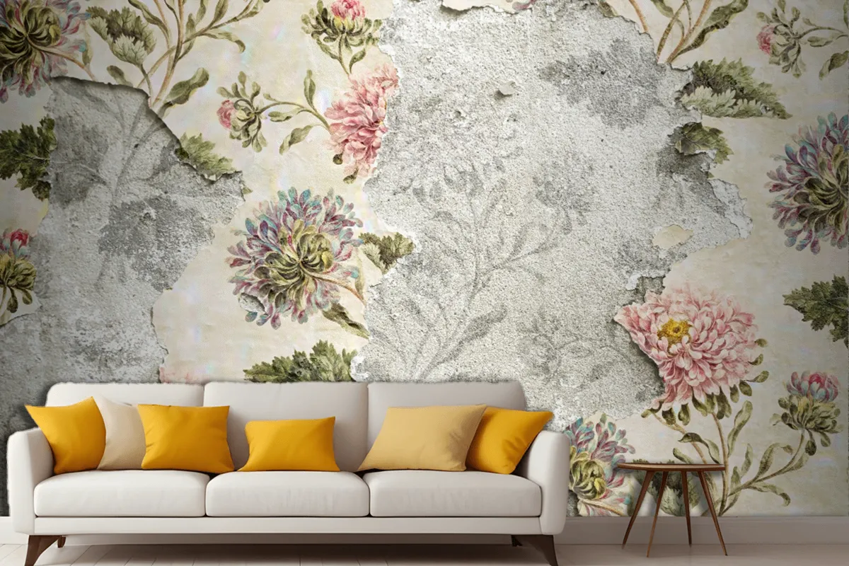 Peeling Floral Wallpaper On Concrete Wallpaper Mural