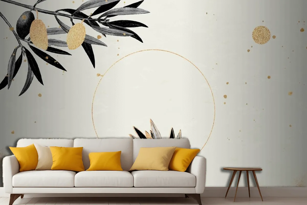 Round Gold Frame With Olive Branches Living Room Wallpaper Mural