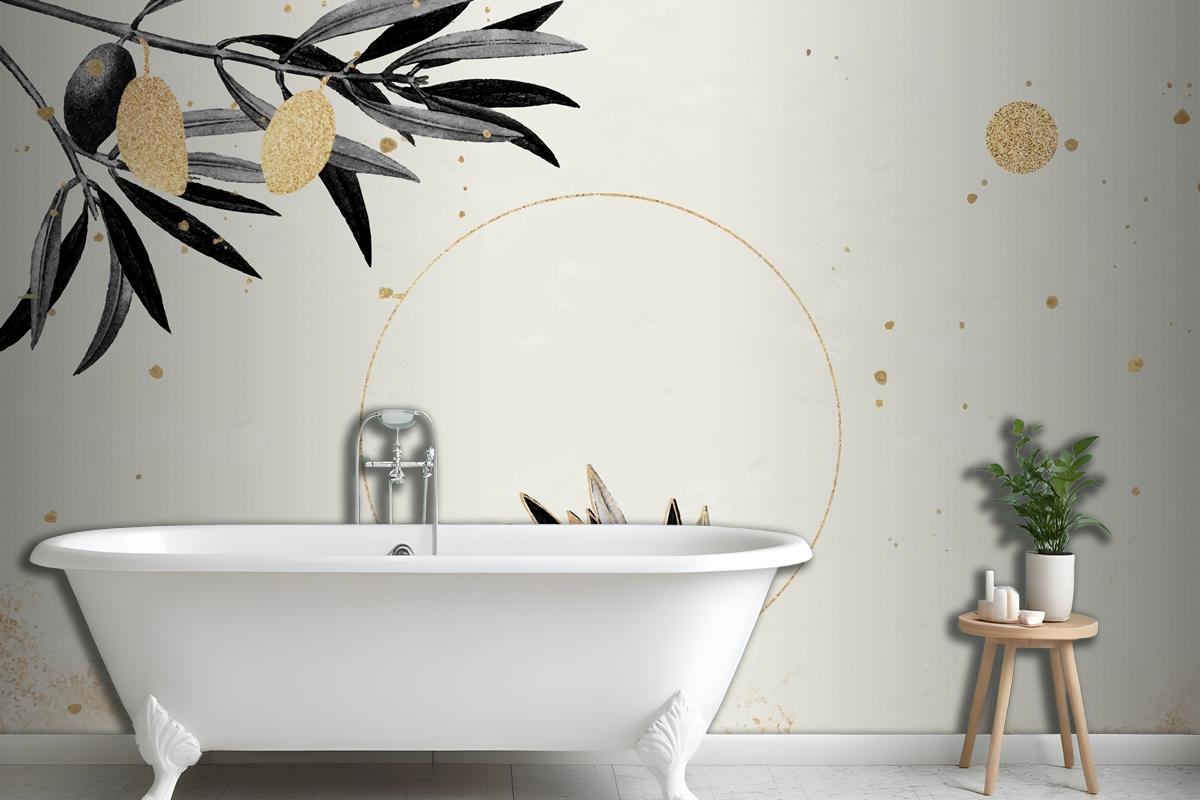 Round Gold Frame With Olive Branches Wallpaper Mural