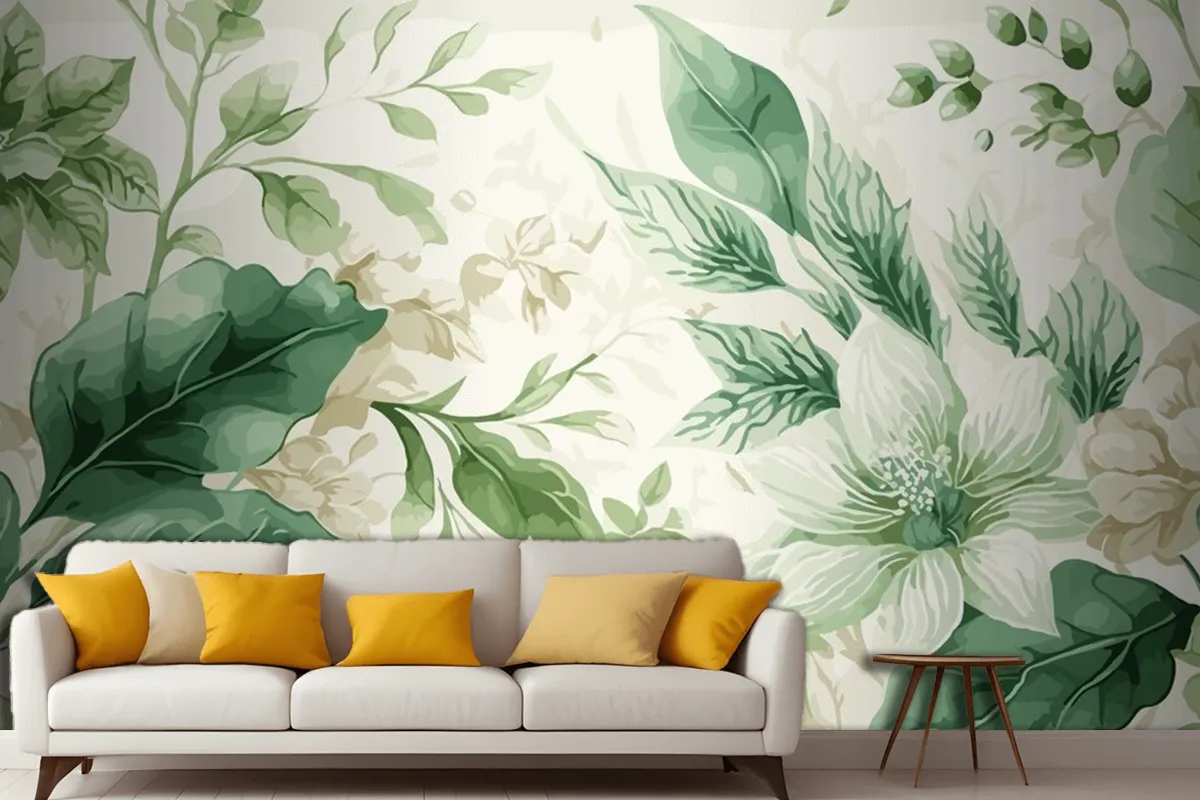 Seamless Watercolor Green And Beige Floral Pattern Living Room Wallpaper Mural