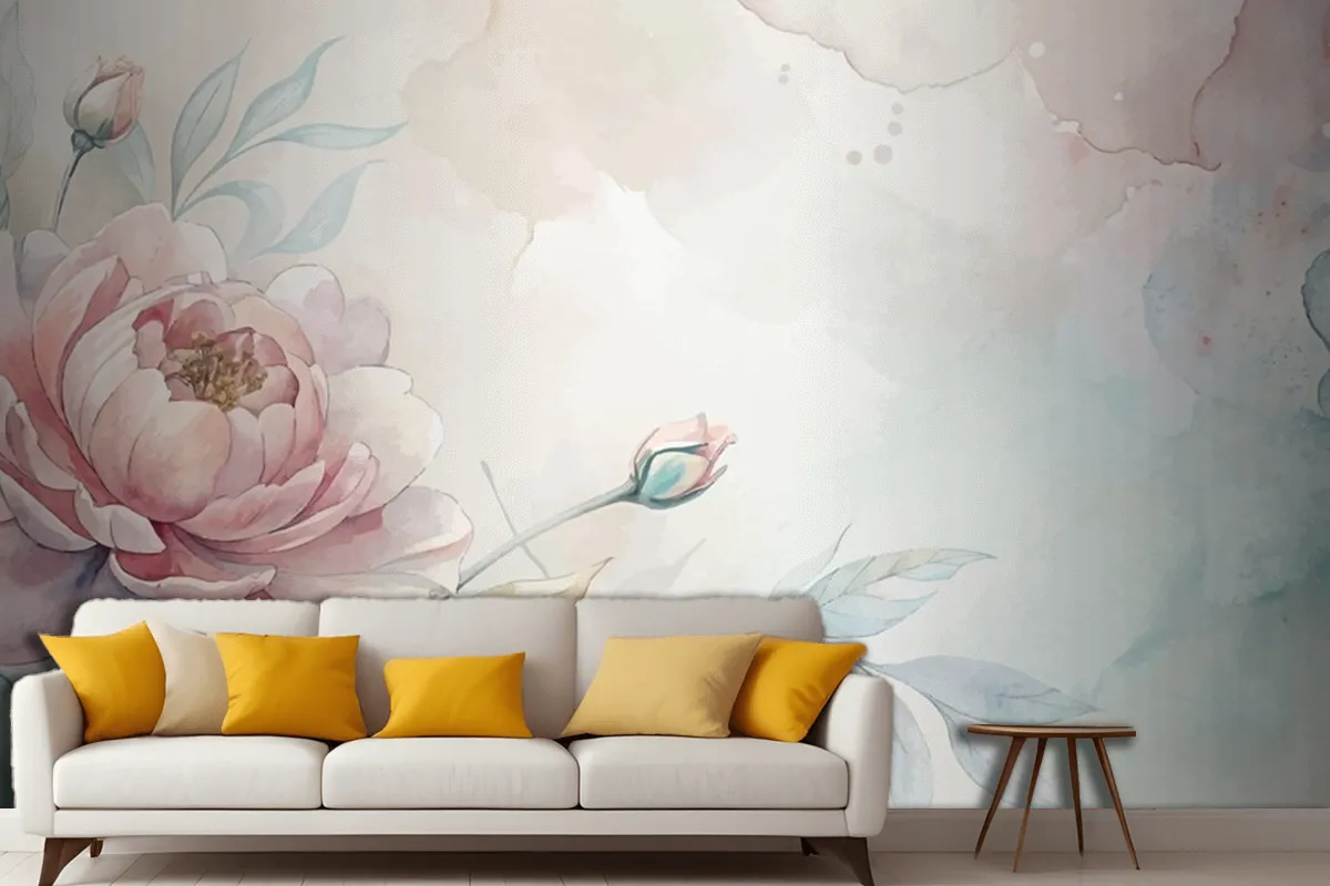 Soft Pastel Floral Watercolor Living Room Wallpaper Mural