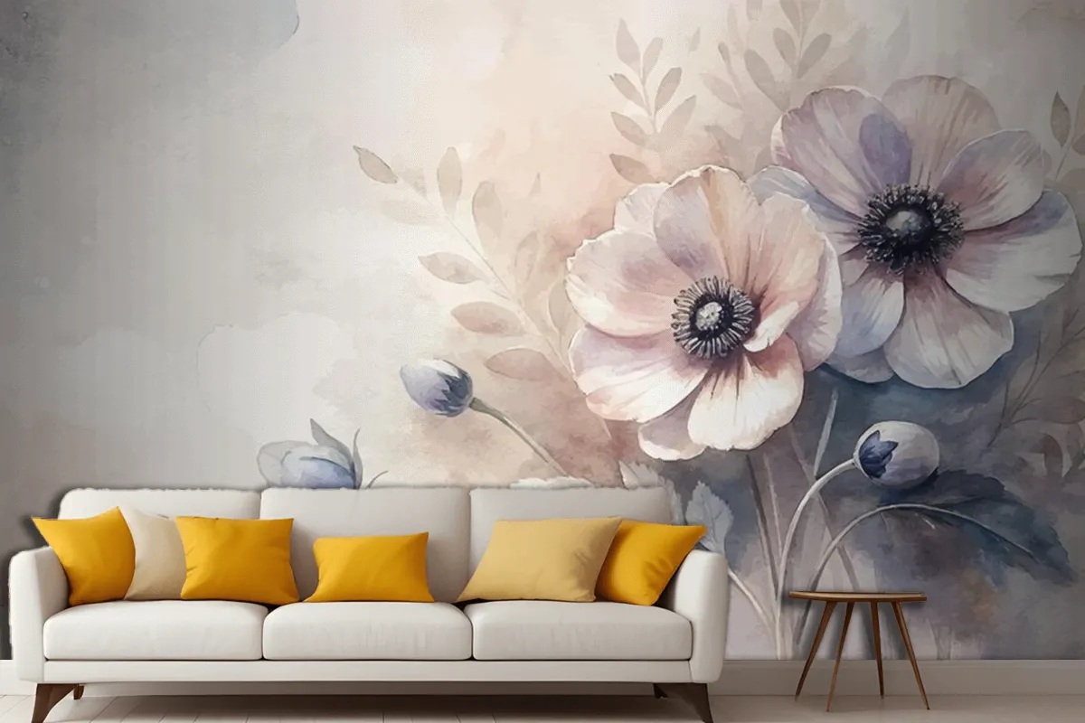 Vintage Anemones Flower Watercolor Background Living Room Wallpaper Mural