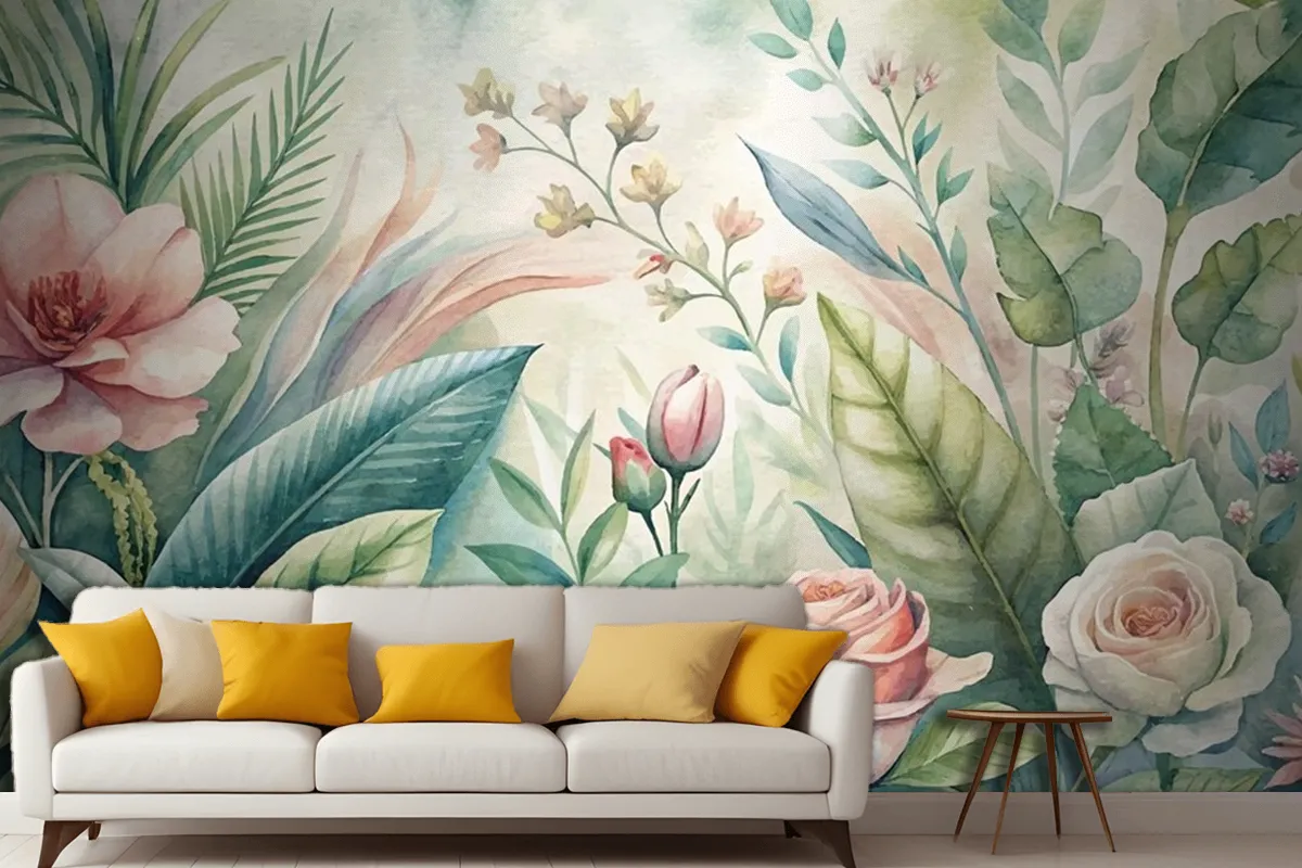 Watercolor Backgrounds Of Various Botanicals And Flowers Living Room Wallpaper Mural