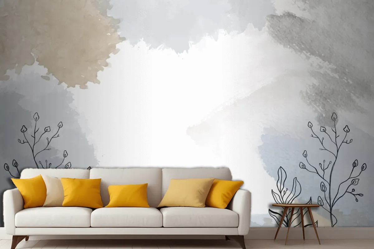 Watercolor Hand Drawn Background With Plants Living Room Wallpaper Mural