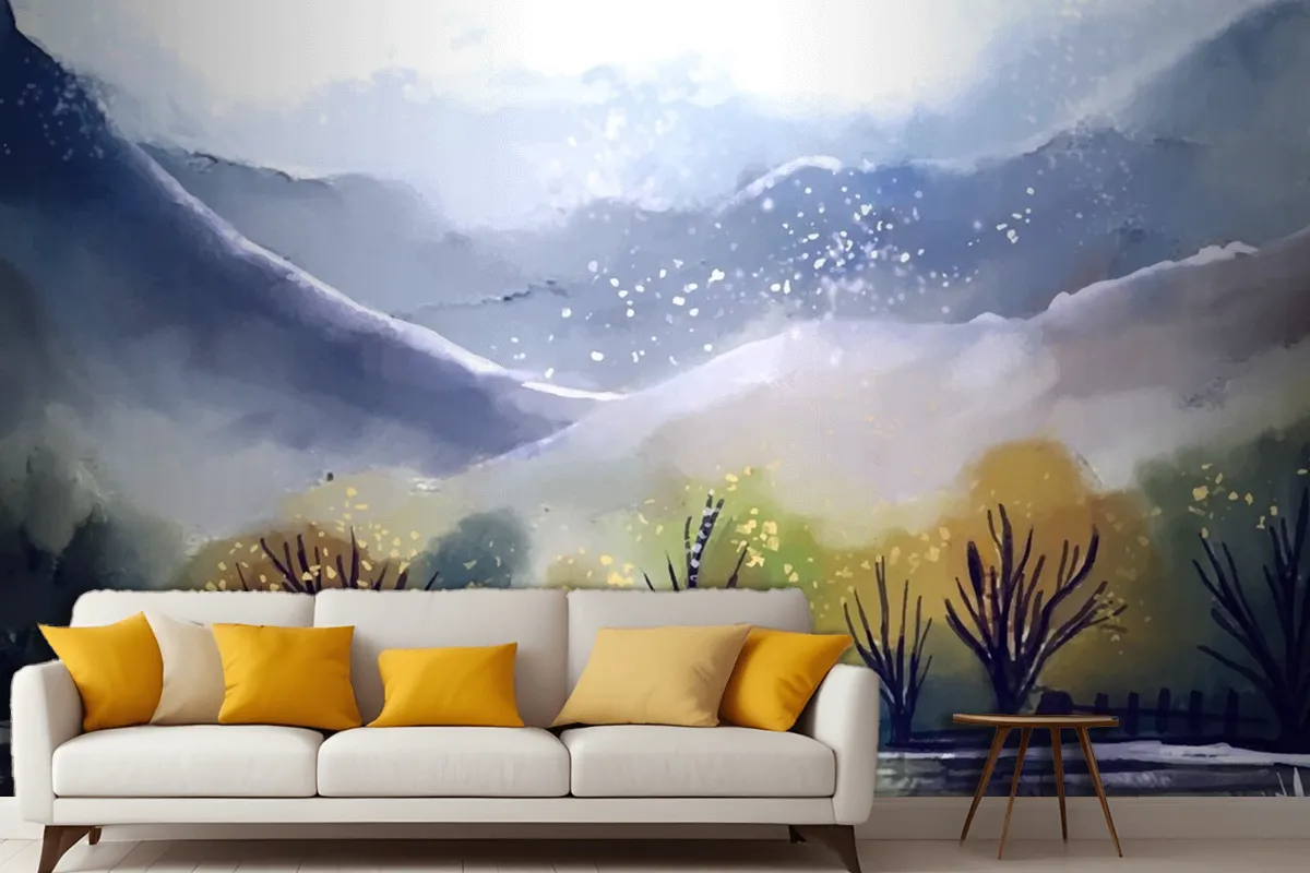 Watercolor Mountain Landscape Living Room Wallpaper Mural