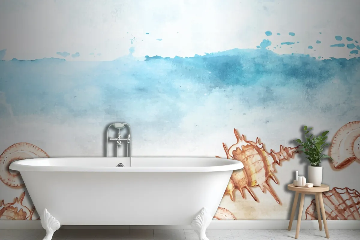 Watercolor Summer Background With Shells Wallpaper Mural