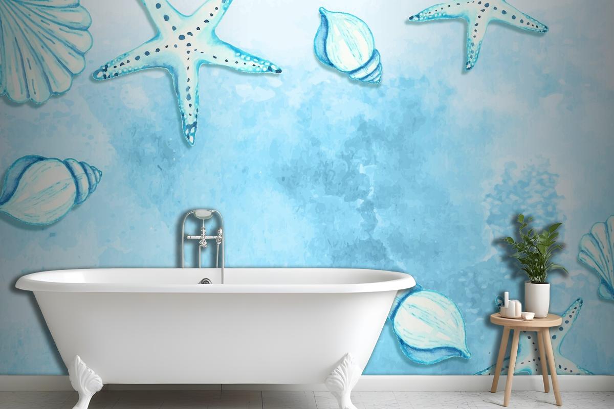 Watercolor Summer Background With Starfish And Shells Wallpaper Mural