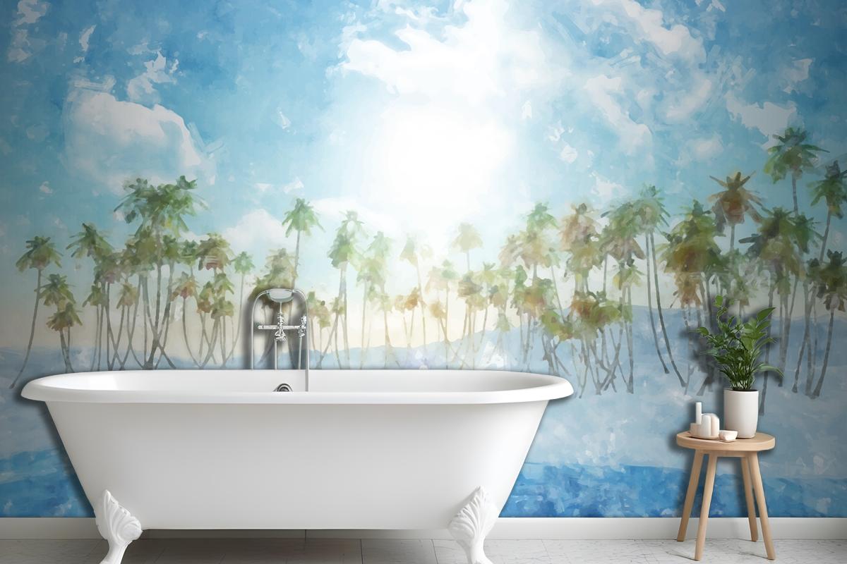 Watercolor Summer Tropical Background Bathroom Wallpaper Mural