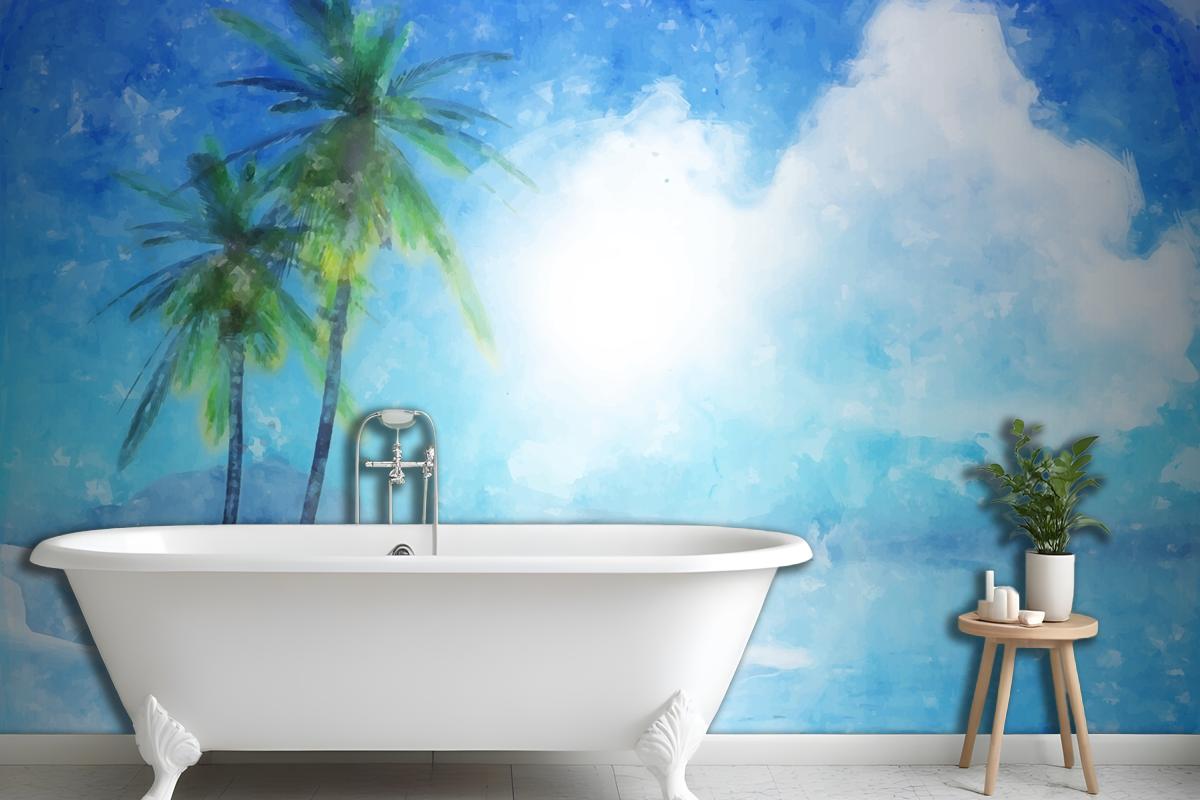 Watercolor Summer Tropical Bathroom Wallpaper Mural