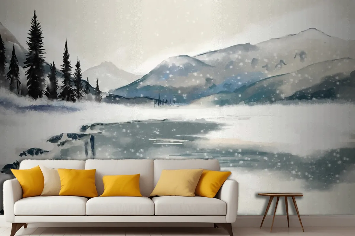 Watercolor Winter Landscape Living Room Wallpaper Mural