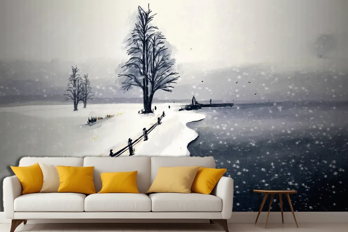 Watercolor Winter Landscape Wallpaper Mural