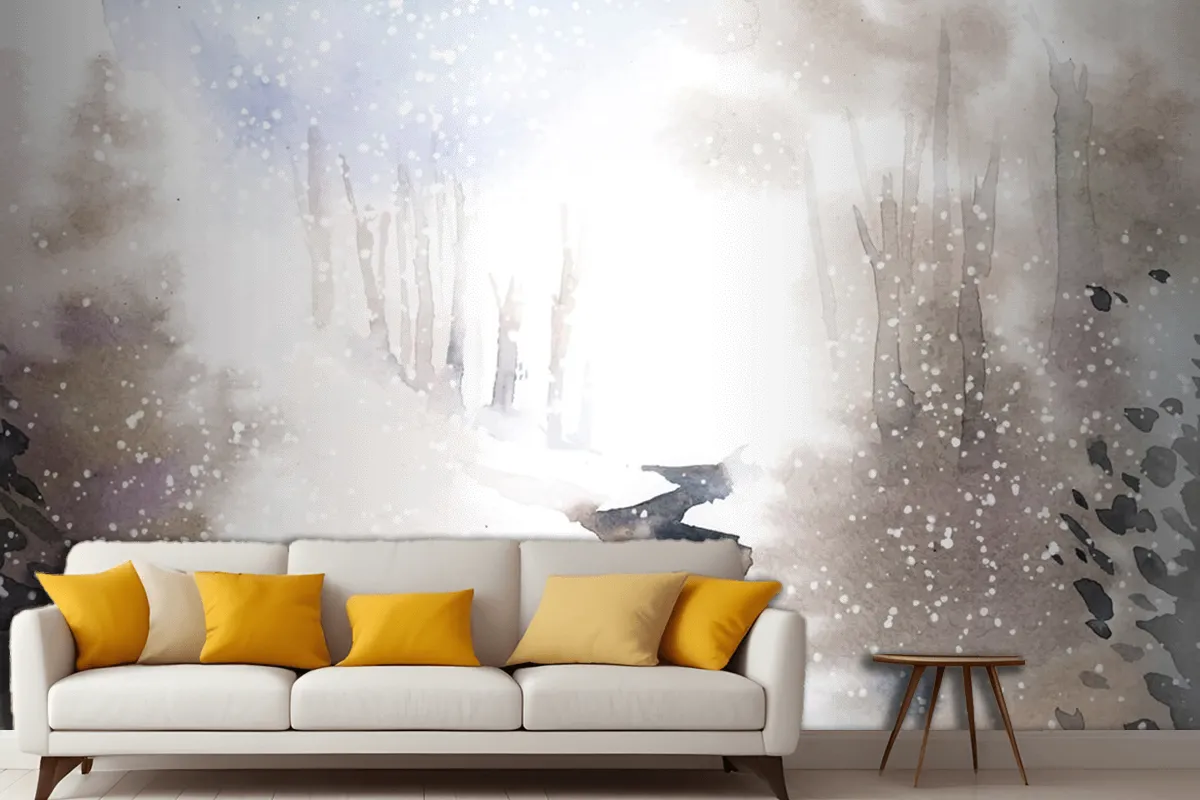 Winter Wonderland Landscape Painted By Watercolor Living Room Wallpaper Mural