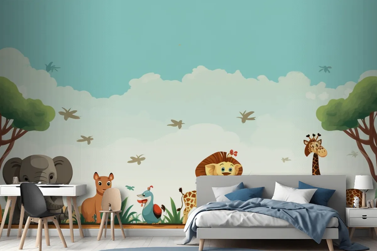 A Cartoon Of Giraffes And Giraffes In A Field With Animals Wallpaper Mural