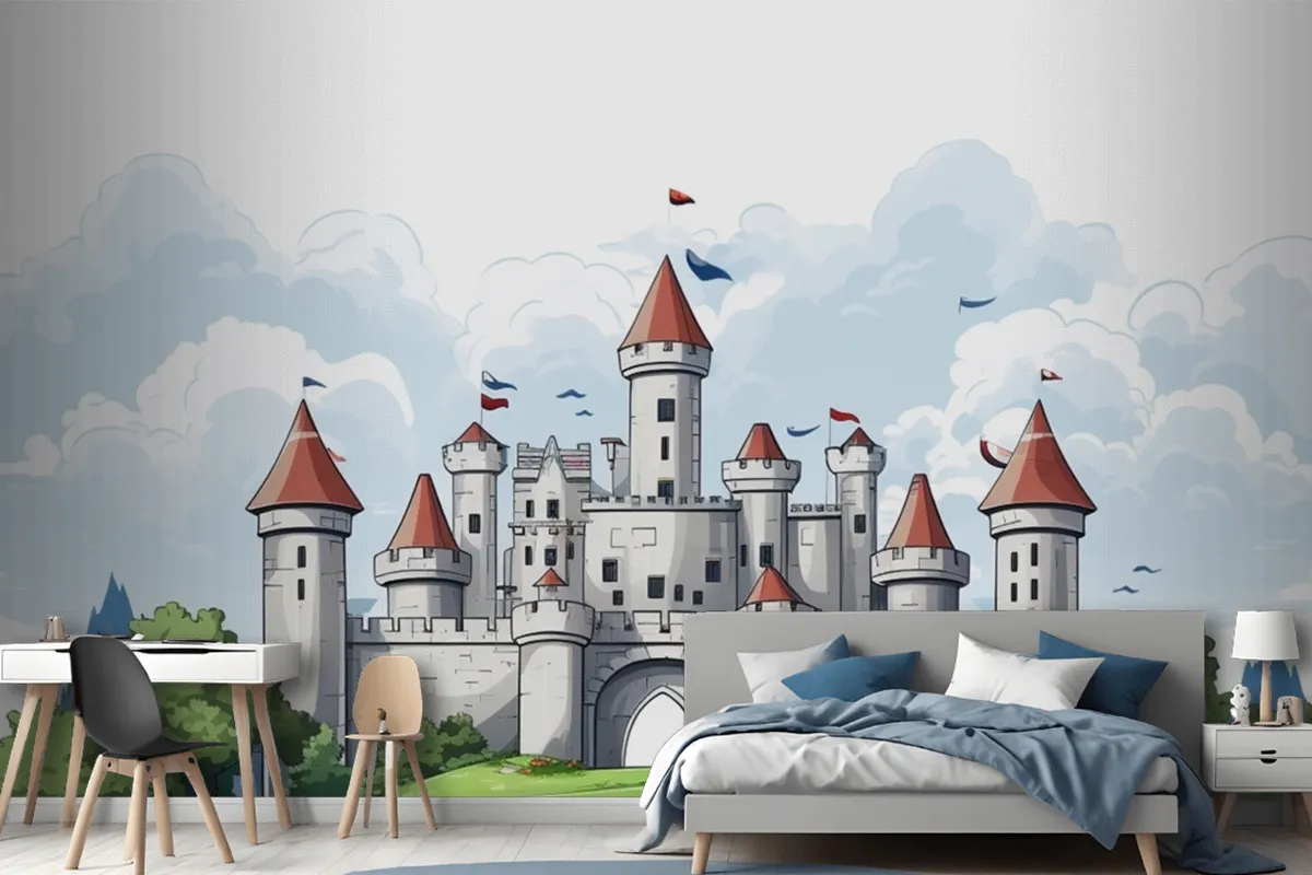 A Castle With A Flag On The Top Of It Wallpaper Mural