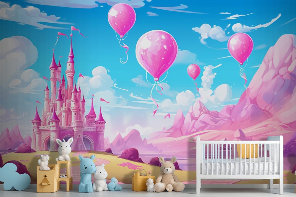 A Castle With Balloons And A Castle In The Background Wallpaper Mural