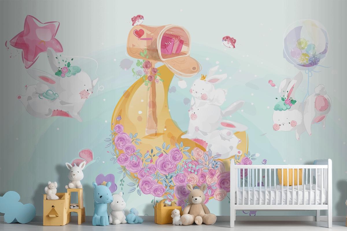 A Cute Little Rabbit In Colorful Watercolor Style Wallpaper Mural