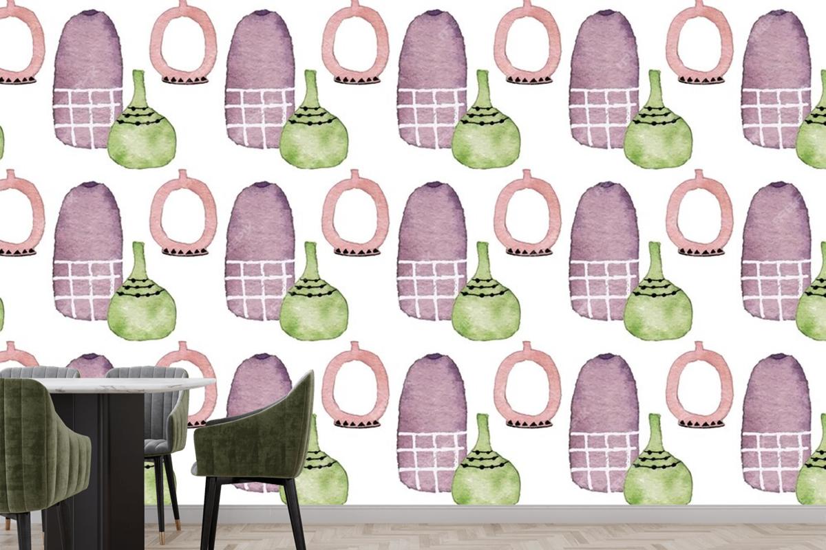 A Cute Modern Ceramic Flower Vase Watercolor Seamless Pattern Wallpaper Mural