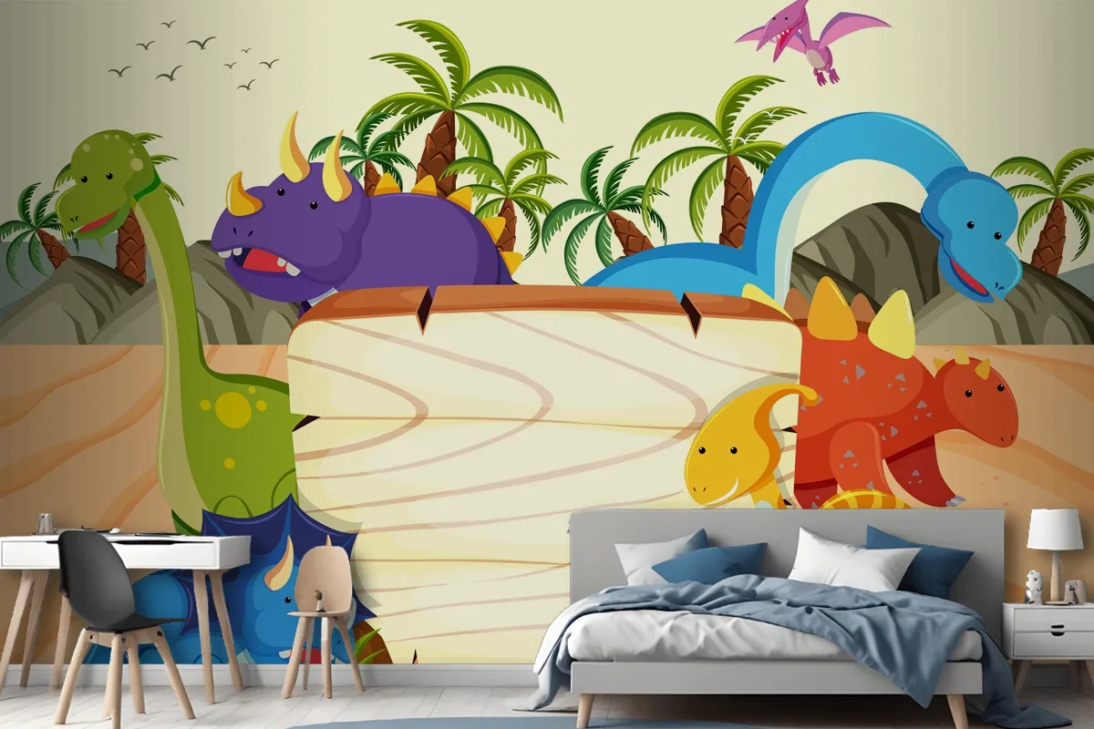 A Dinosaur Wooden Board Template Wallpaper Mural