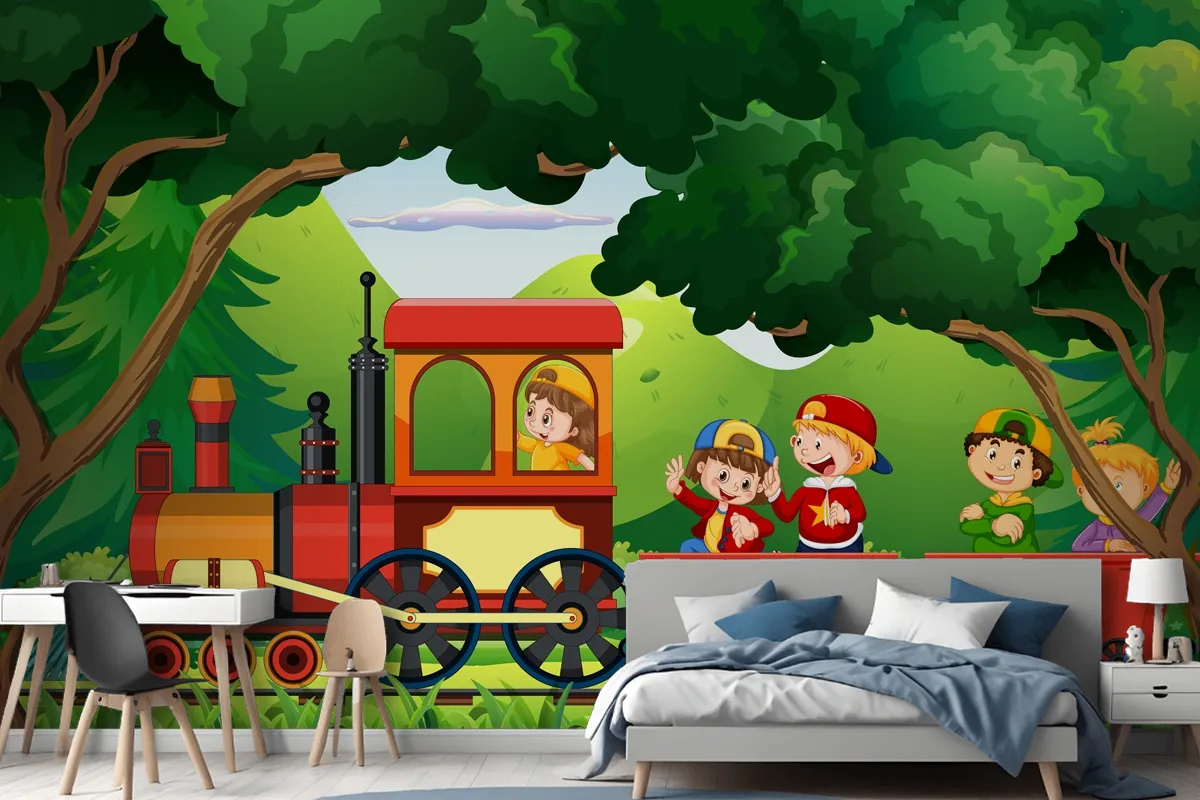 A Kids In A Train With Natural Scene Wallpaper Mural