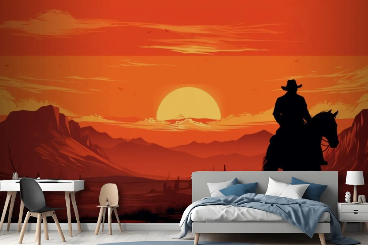 A Painting Of A Cowboy Riding A Horse In Front Of A Sunset Wallpaper Mural