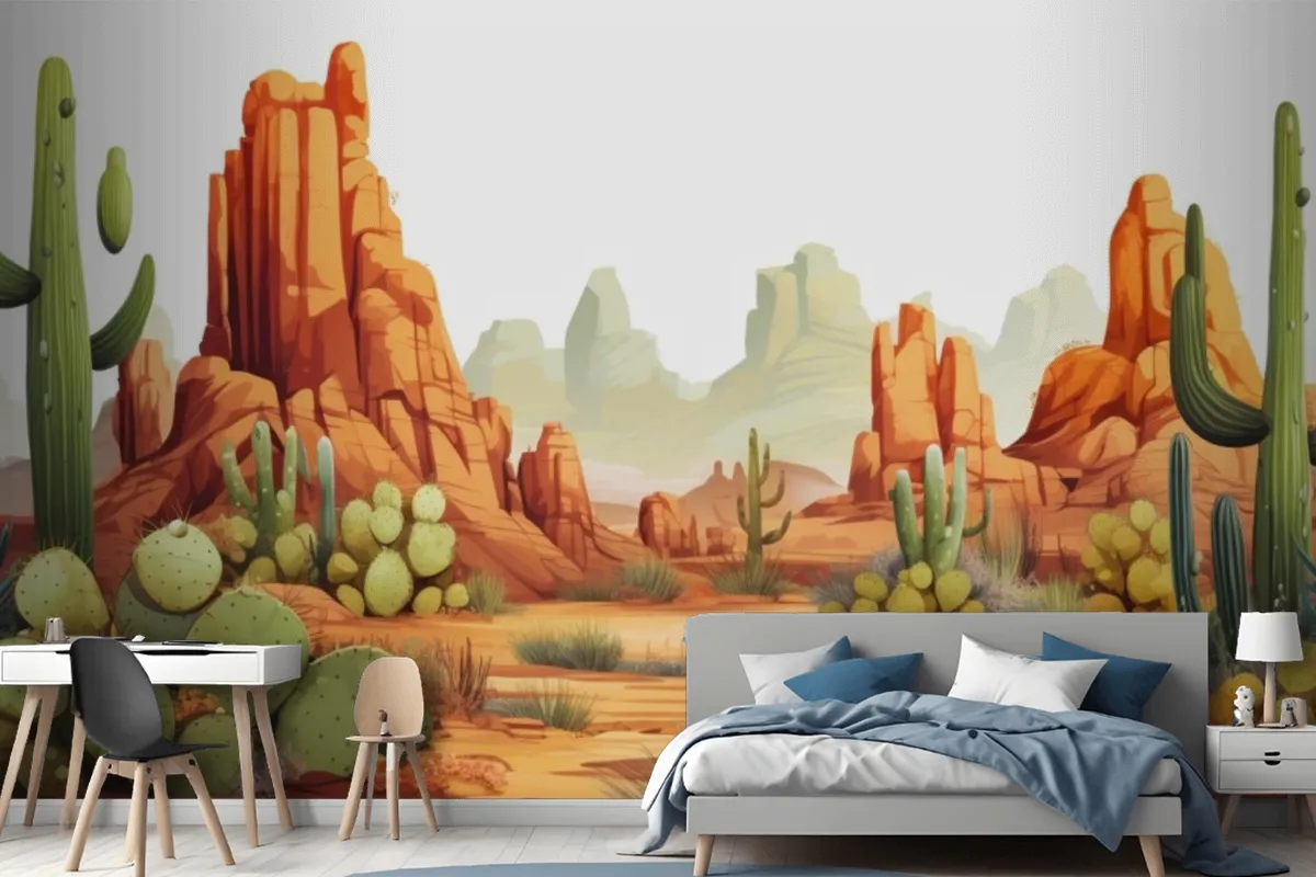 A Painting Of A Desert Landscape With Cactus And Desert Landscape Wallpaper Mural