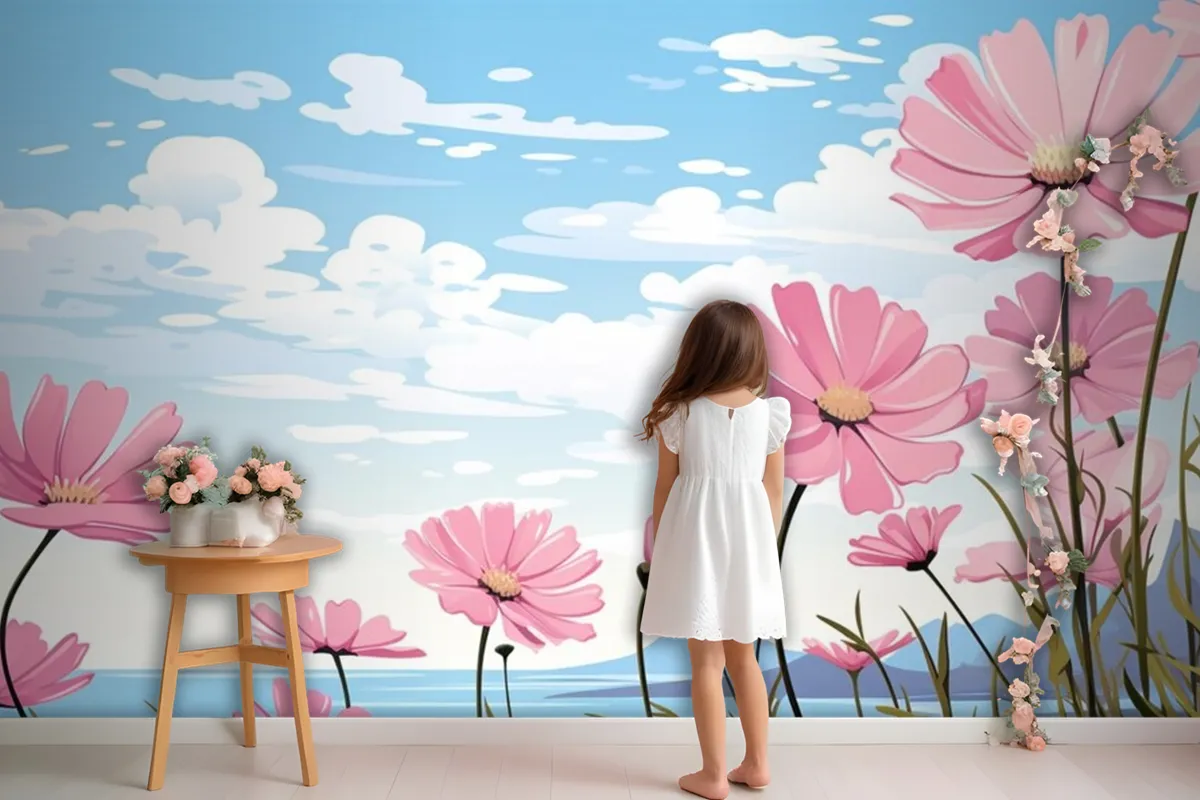 A Painting Of Pink Flowers In The Sky With The Words Daisies Wallpaper Mural