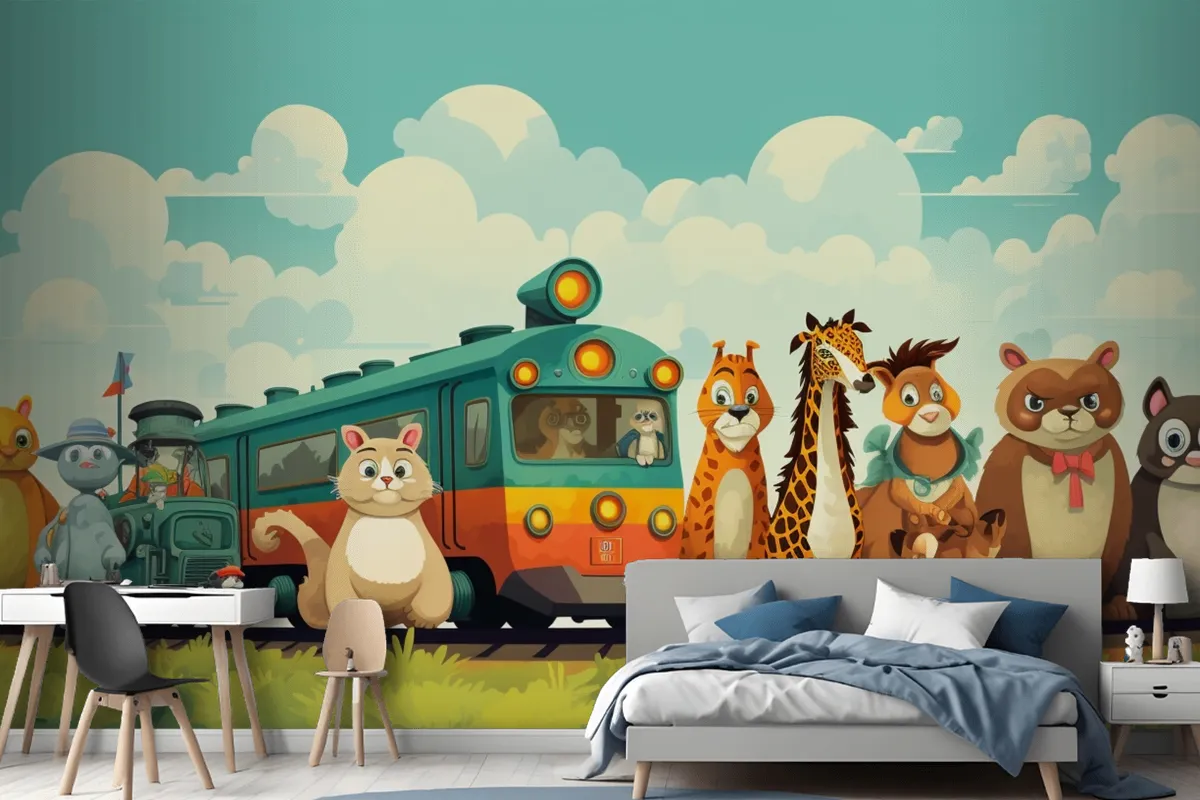 A Train With Animals On The Top And A Train With The Words Giraffes On The Front Wallpaper Mural