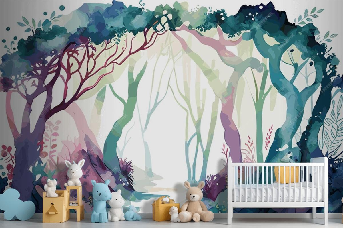 A Watercolor Painting Of A Forest With A Path Leading To It Wallpaper Mural