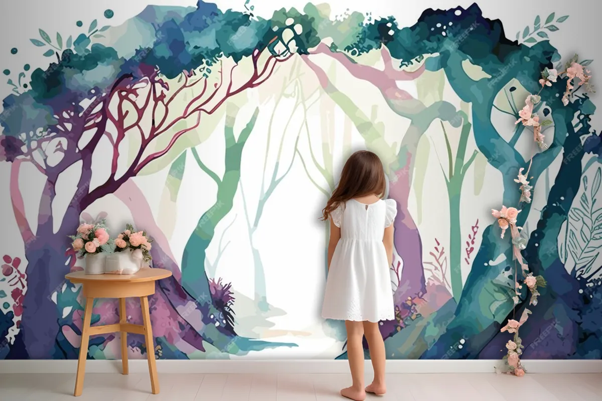 A Watercolor Painting Of A Forest With A Path Leading To It Wallpaper Mural