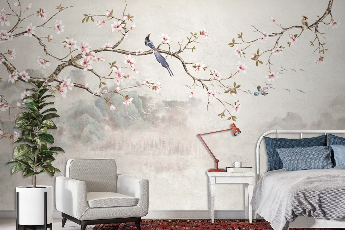 Chinoiserie With Cherry Blossom Flowers And Bird Wallpaper Mural