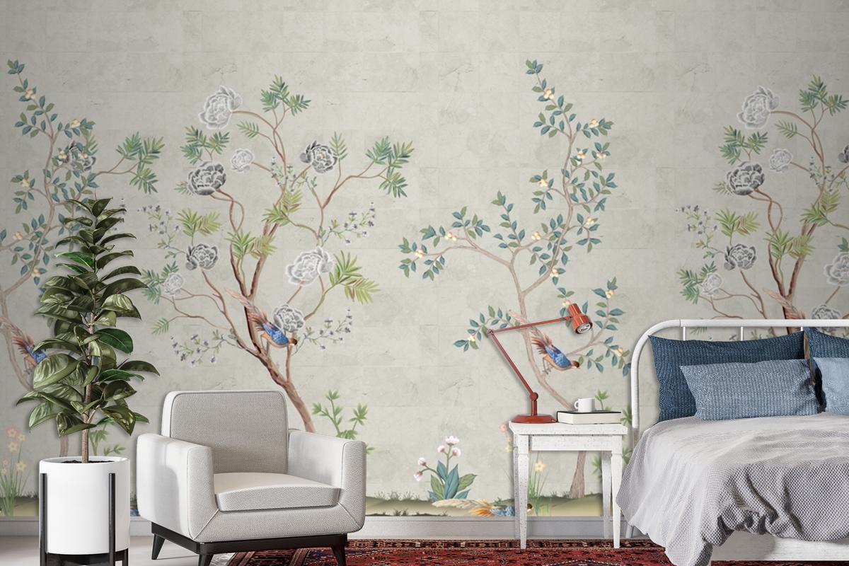 Spring Seamless Background Tree And Bird Chinoiserie Beautiful Wallpaper Mural