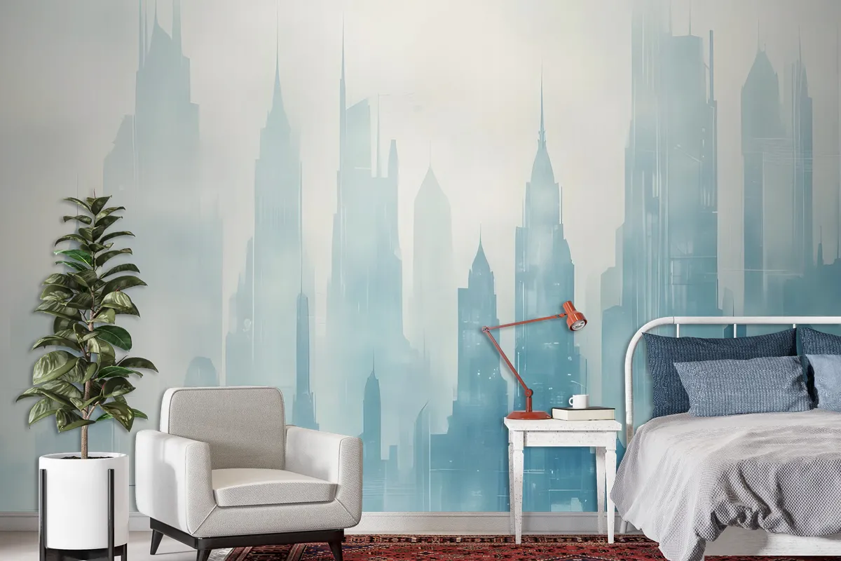 Abstract Blue Monochrome City Landscape Wallpaper Mural