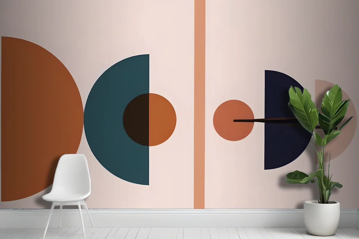 Abstract Geometric Shapes In Various Shades Of Blue Orange And Brown Against A Light Pink Wallpaper Mural