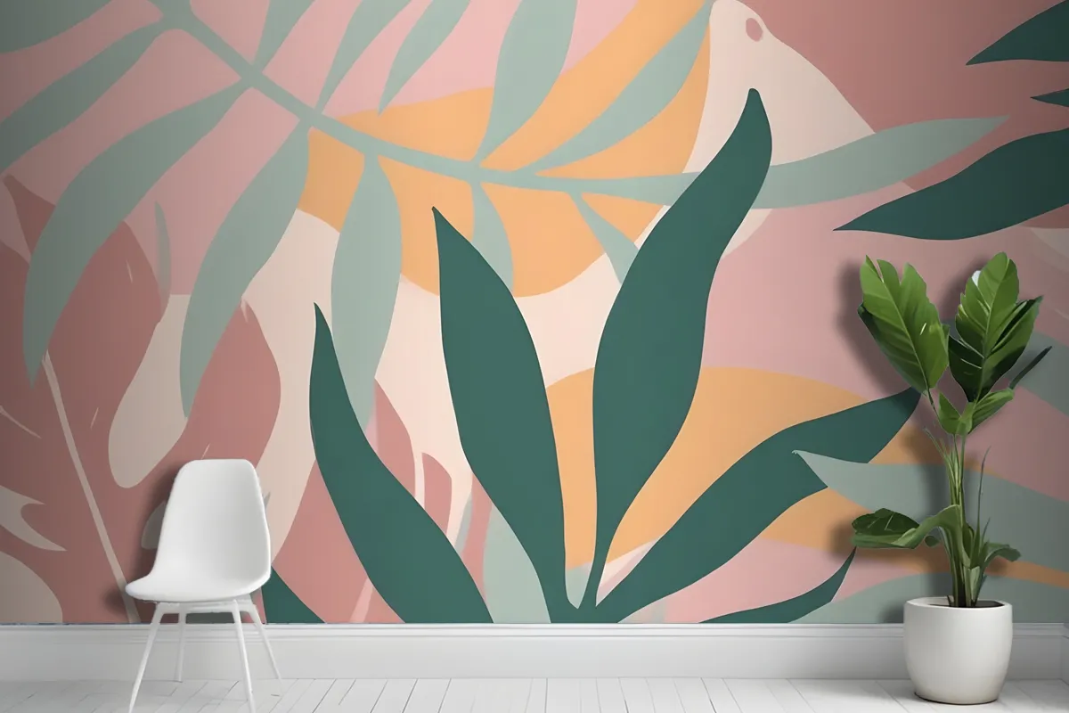 Abstract Tropical Leaves And Shapes In Pastel Colors On A Pink Wallpaper Mural