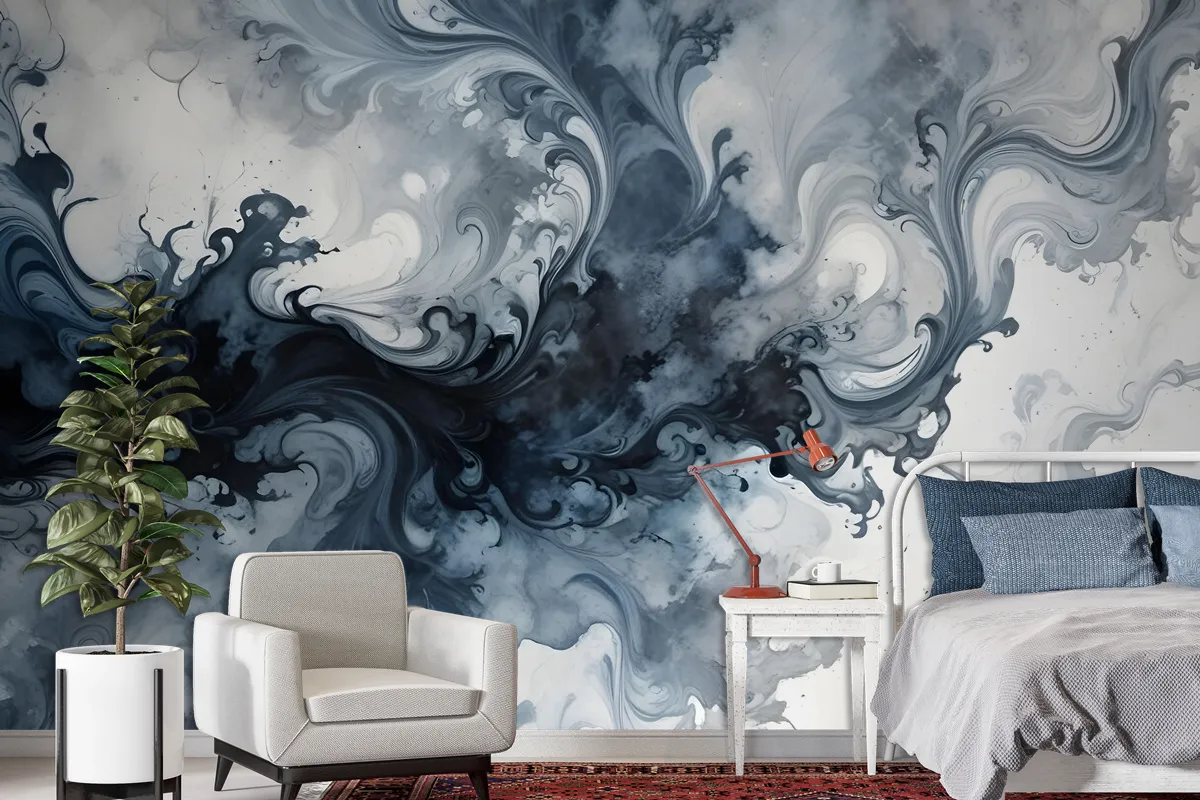 Abstract Watercolor Style Dark Marble Wallpaper Mural